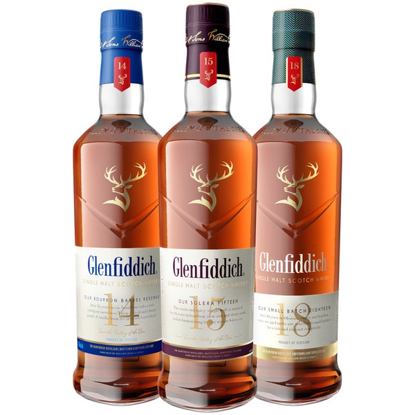 Glenfiddich Single Malt Whisky Trio, 14 Year Old, 15 Year Old and 18 Year Old Whisky Bundle
