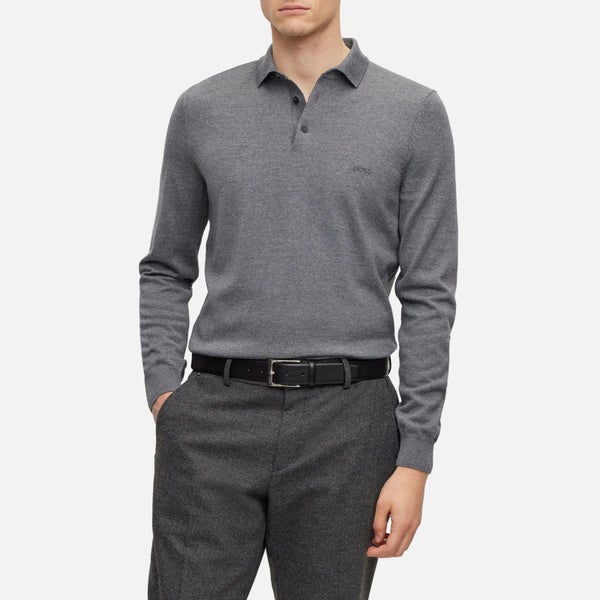 BOSS Black Logo-Embroidered Virgin Wool Polo Jumper