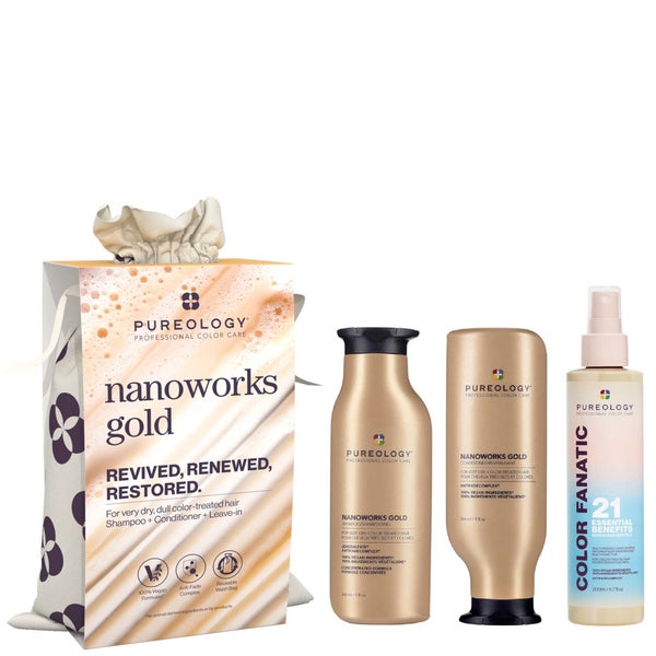 Pureology Nanoworks Gold Shampoo Conditioner and Color Fanatic Hair Gift Set for Dull, Tired Hair