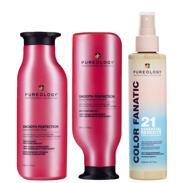 Pureology Smooth Perfection Shampoo, Conditioner and Color Fanatic Spray for Frizz Prone Hair