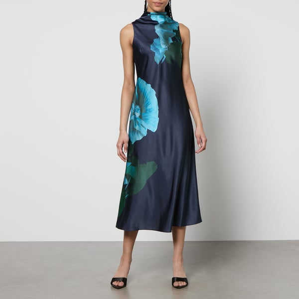 Ted Baker Timava Floral-Print Satin-Cloqué Slip Midi Dress