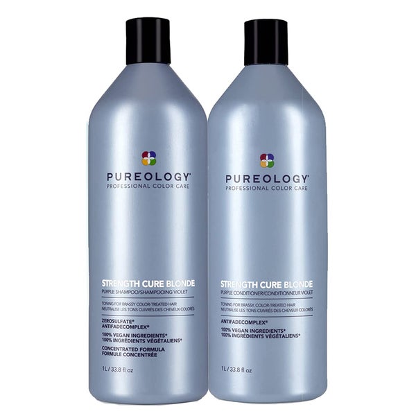 Pureology Strength Cure Blonde Shampoo and Conditioner Toning Routine For Brassy, Colour Treated Hair 1000ml
