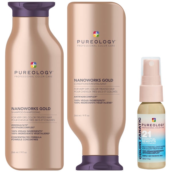 Pureology Nanoworks Gold Shampoo 266ml, Conditioner 266ml and Color Fanatic Mini 30ml For Dry, Coloured Hair (Worth £64.08)