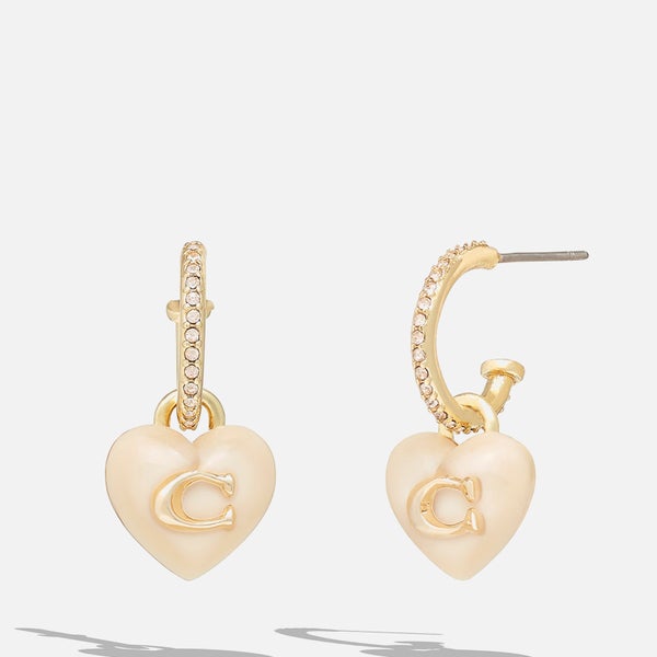 Coach Women's Signature C Heart Pearl Drop Gold Tone Huggie Earrings - Gold/White