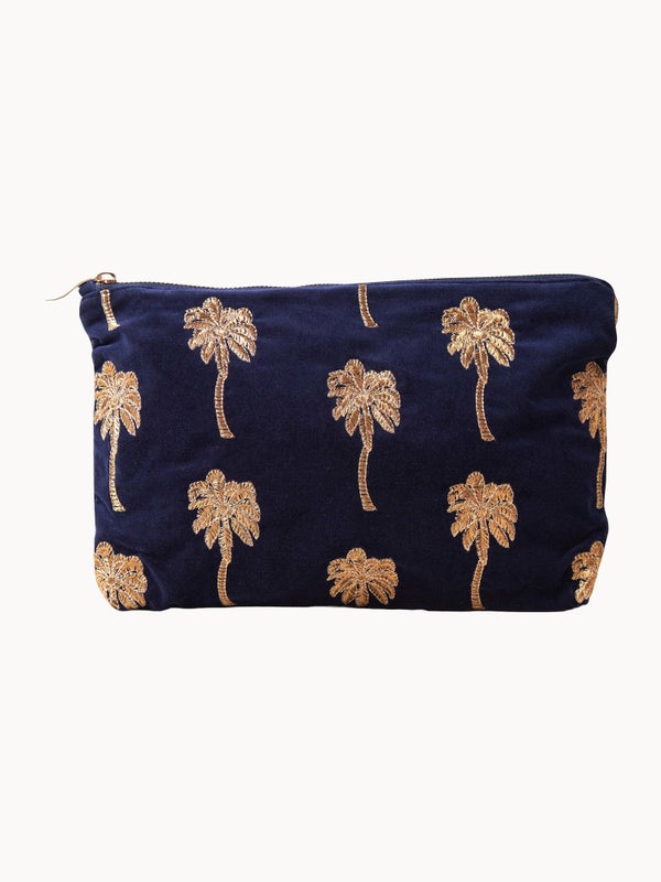 Elizabeth Scarlett Gold Palm Navy Velvet Everyday Pouch