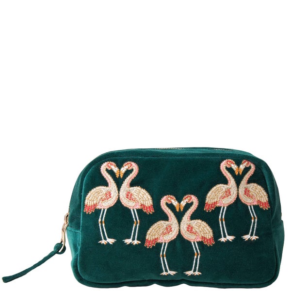 Elizabeth Scarlett Flamingo Emerald Velvet Cosmetics Bag