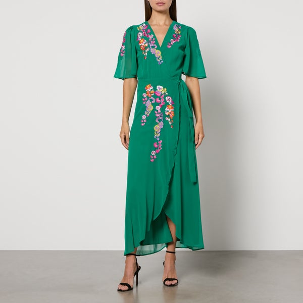 Hope & Ivy Mirai Embroidered Chiffon Wrap Maxi Dress