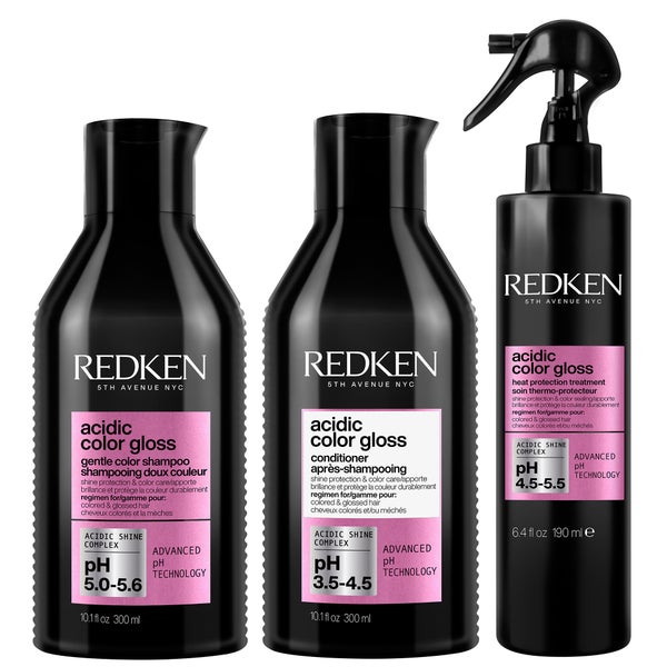 Redken Acidic Color Gloss Shampoo, Conditioner 300ml and Heat Protection Treatment 190ml Bundle
