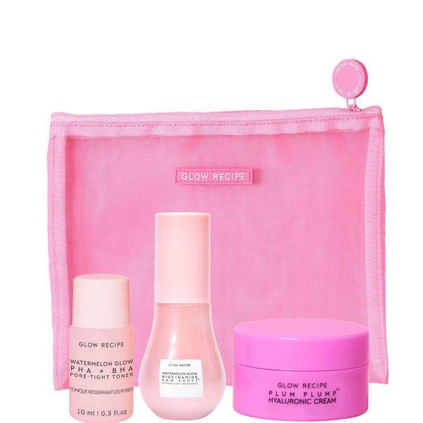 Glow Recipe Bestsellers Travel Trio: Watermelon Toner, Dew Drops and Plum Cream in Pink Mesh Pouch (Worth £67.00)