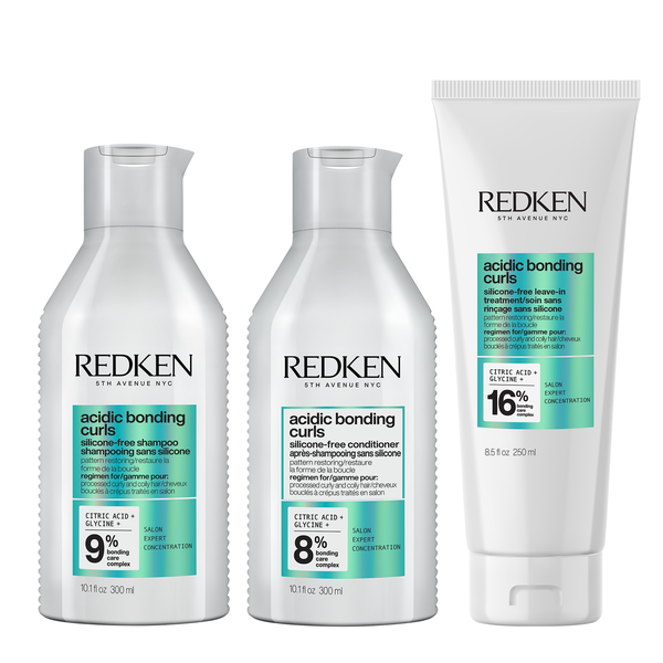 Redken Acidic Bonding Curls Shampoo 300ml, Conditioner 300ml, & Leave-In 250ml Bundle for Damaged Curly & Coily Hair