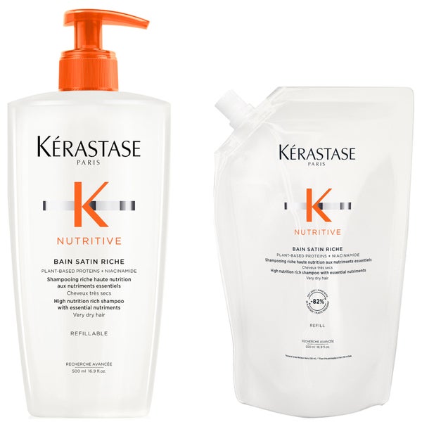 Kérastase Nutritive Bain Satin Riche Refillable Shampoo and Refill Pouch Duo for Fine to Medium Dry Hair with Niacinamide 500ml