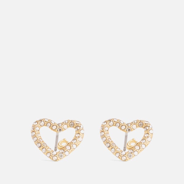 Coach Signature Silver-Tone Pavé Heart Stud Earrings