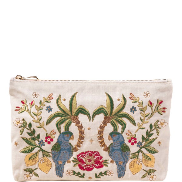 Elizabeth Scarlett Tropical Paradise Parrots Cream Velvet Everyday Pouch