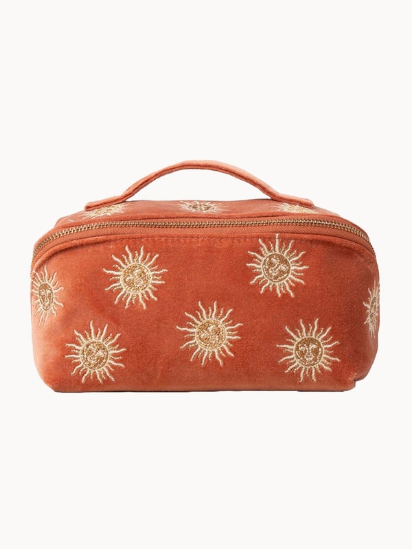 Elizabeth Scarlett Sun Goddess Rust Velvet Open Flat Makeup Bag