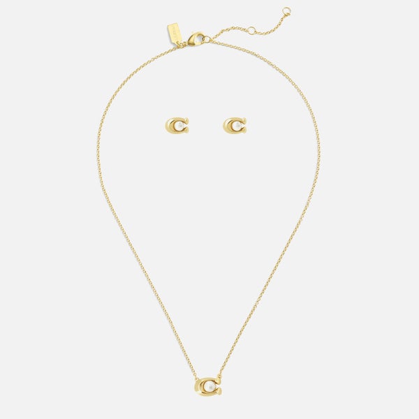 Coach Earrings & Necklace C Gold-Tone Faux Pearl Set