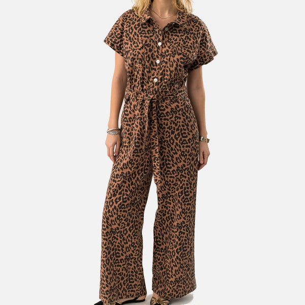 Lollys Laundry Mathilde Leopard-Print Denim Jumpsuit