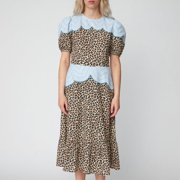 Stella Nova Leopard Embroidered Cotton-Seersucker Midi Dress