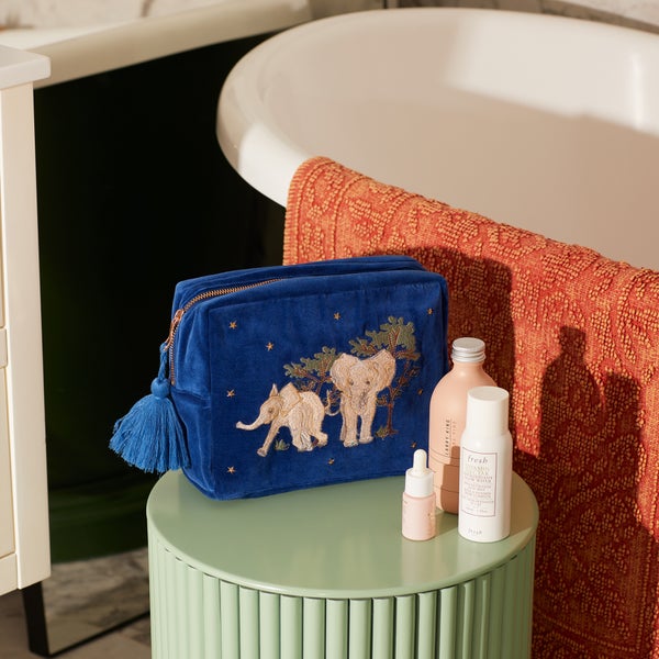 Elizabeth Scarlett Baby Elephant Conservation Navy Velvet Wash Bag