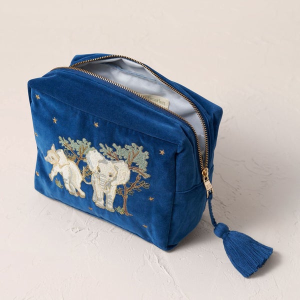 Elizabeth Scarlett Baby Elephant Conservation Navy Velvet Wash Bag