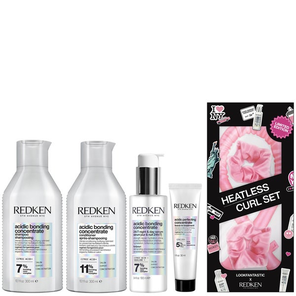 Redken Acidic Bonding Concentrate Shampoo 300ml, Conditioner 300ml, Serum 100ml, Leave-In Treatment 30ml and Heatless Curl Set