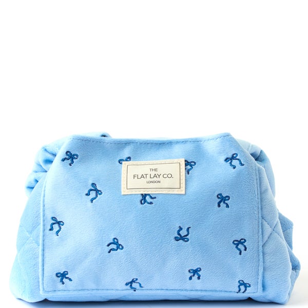 The Flat Lay Co. Drawstring Flat Lay Makeup Bag - Ditsy Bows Blue Embroidered Velvet