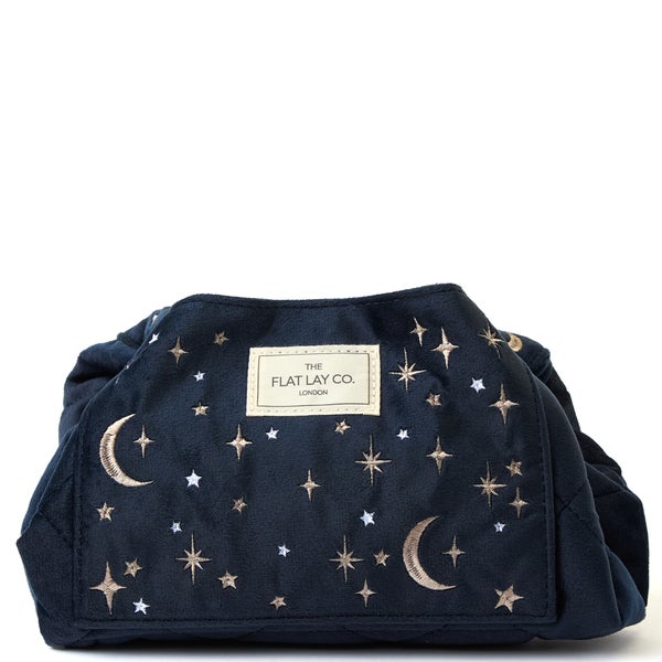 The Flat Lay Co. Drawstring Flat Lay Makeup Bag - Celestial Blue Embroidered Velvet
