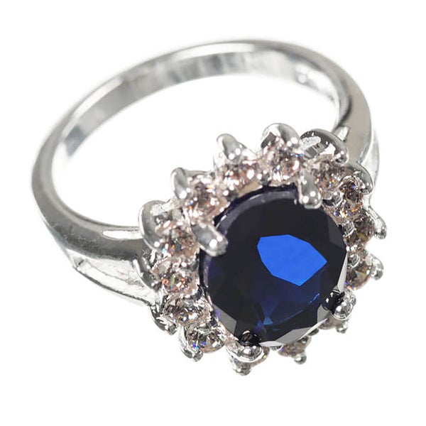 Silver Plated Ring with Blue Sapphire Stone Effect Centre - in the style of Kate Middleton 