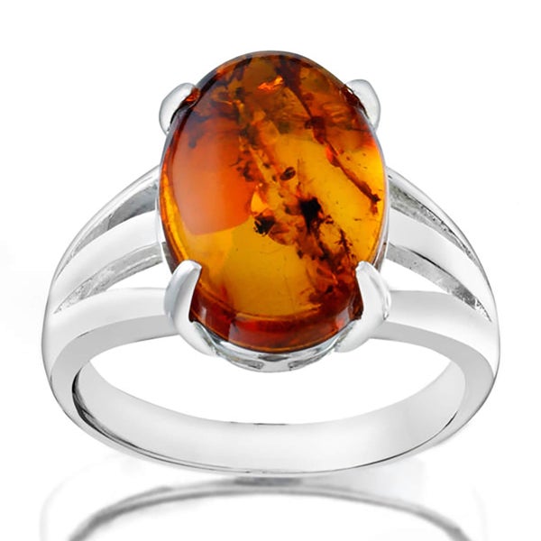 Silver Plated Genuine Oval Amber Ring