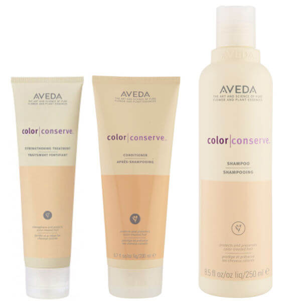Aveda Colour Conserve Trio- Shampoo, Conditioner & Strengthening Treatment -shampoo, hoitoaine ja vahvistava hiustenhoitoaine