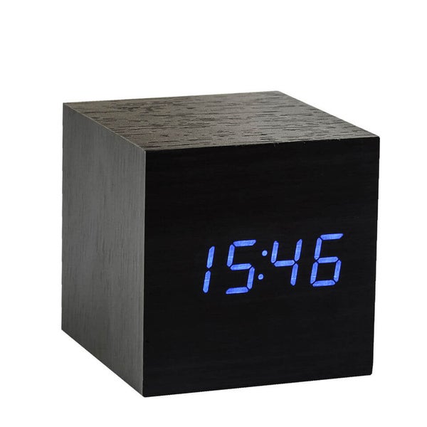 Gingko Click Clock Réveil Cube Effet Bois - Noir