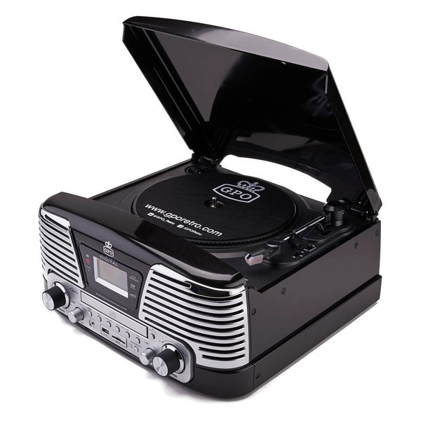 GPO Retro Memphis Turntable 4-in-1 Music System with Built in CD and FM Radio - Black