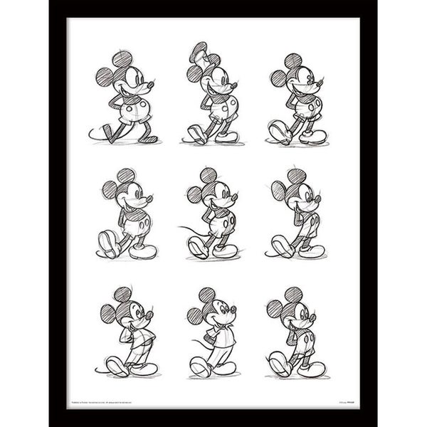 Affiche Encadrée Croquis de Mickey Mouse - 30 cm x 40 cm