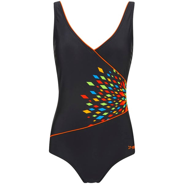 Zoggs Women's Neon Tribal Wrap Front Swimsuit - Black/Multi