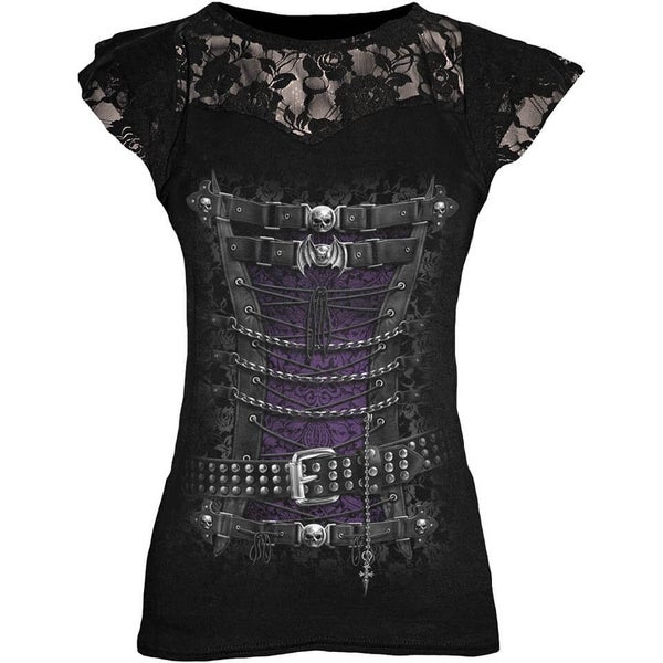 Spiral Women's WAISTED CORSET Lace Layered Cap Sleeve Top - Black