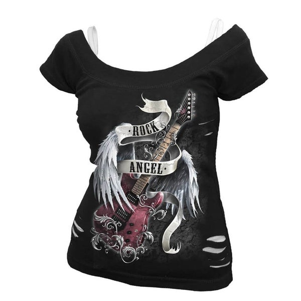 Spiral Women's ROCK ANGEL 2 in 1 White Ripped Top - Black