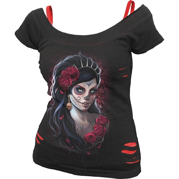 Spiral Women's DAY OF THE DEAD 2 in 1 Red Ripped Top - Black