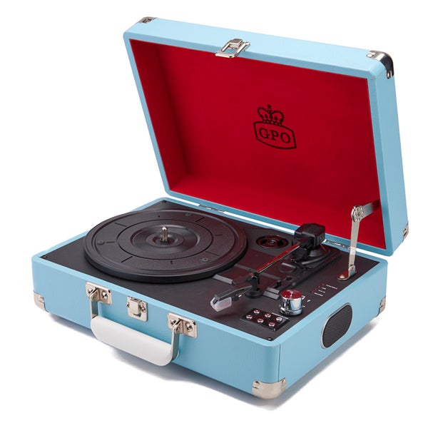 GPO Retro Attache Briefcase Style Three-Speed Portable Vinyl Turntable with Free USB Stick and Built-In Speakers - Sky Blue