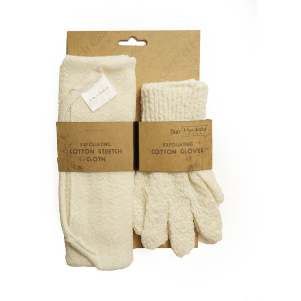 Hydrea London Exfoliating Stretch Cloth & Gloves Duo Set -kuoriva pesulappu ja pesusormikkaat