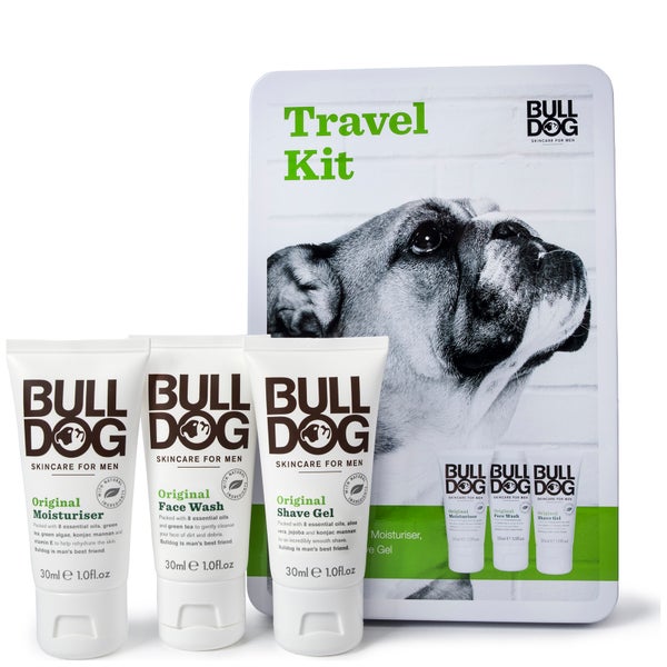 Bulldog One Step At A Time Minis Tin – puhdistusaine, kosteusvoide ja parranajogeeli (matkakoko)