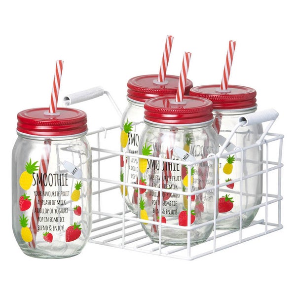 Parlane Smoothie Jars with Straws - Clear/Red (Set of 4)
