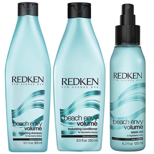 Redken Beach Envy Volume Texturizing -shampoo (300ml) ja -hoitoaine (250ml) sekä Wave Aid -muotoilusuihke (125ml)