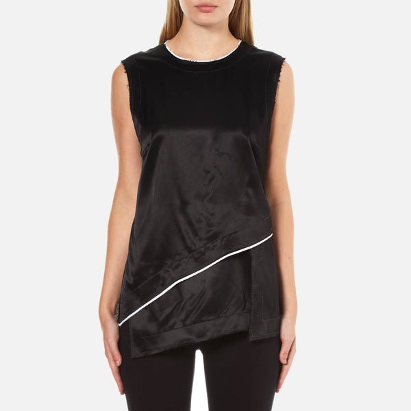 DKNY Women's Sleeveless Layered Shirt with Asymmetrical Hem and Raw Edge Detail - Black/Chalk