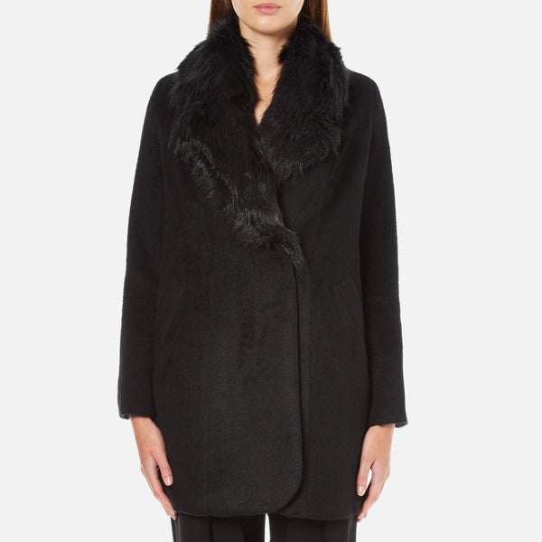Paisie Women's Double Breasted Coat with Faux Fur Collar - Black
