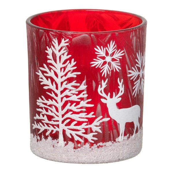 Parlane Winter Forest Glass Tealight Holder - Red (8 x 7.5cm)
