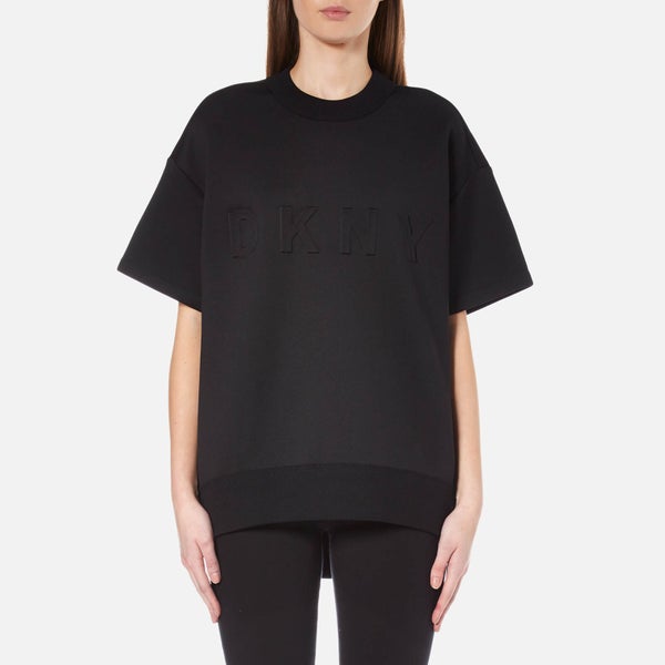 DKNY Women's Short Sleeve Pullover with Front Logo and Rib Trims - Black
