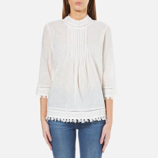 Maison Scotch Women's 3/4 Sleeve Woven Top with Embroidered Star Allover - White