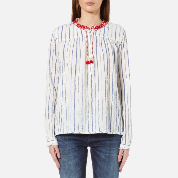 Maison Scotch Women's Drapey Woven Stripe Top with Embroidered Collar - Multi