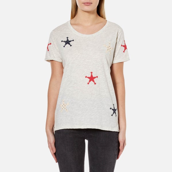Maison Scotch Women's Boxy Fit T-Shirt with Patched On Stars - White