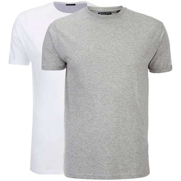 Brave Soul Men's 2 Pack Vardan T-Shirt - White/Light Grey Marl