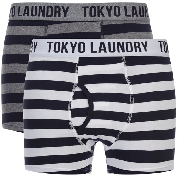 Tokyo Laundry Men's Esterbrooke 2 Pack Striped Boxers - True Navy/Optic White